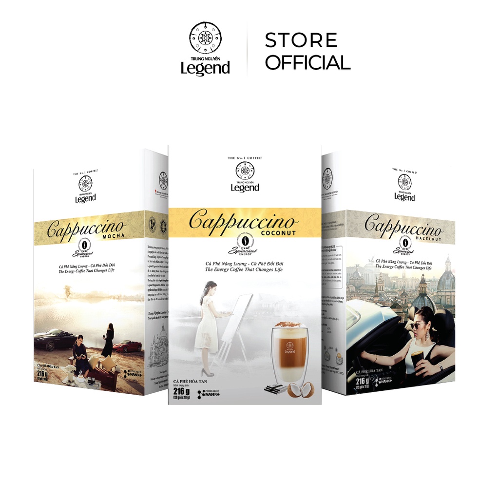 [E-Coffee] Combo 3  - Cappuccino Coconut - Cappuccino Hazelnut - Cappuccino Mocha - Hộp 12 Gói - Trung Nguyên Legend