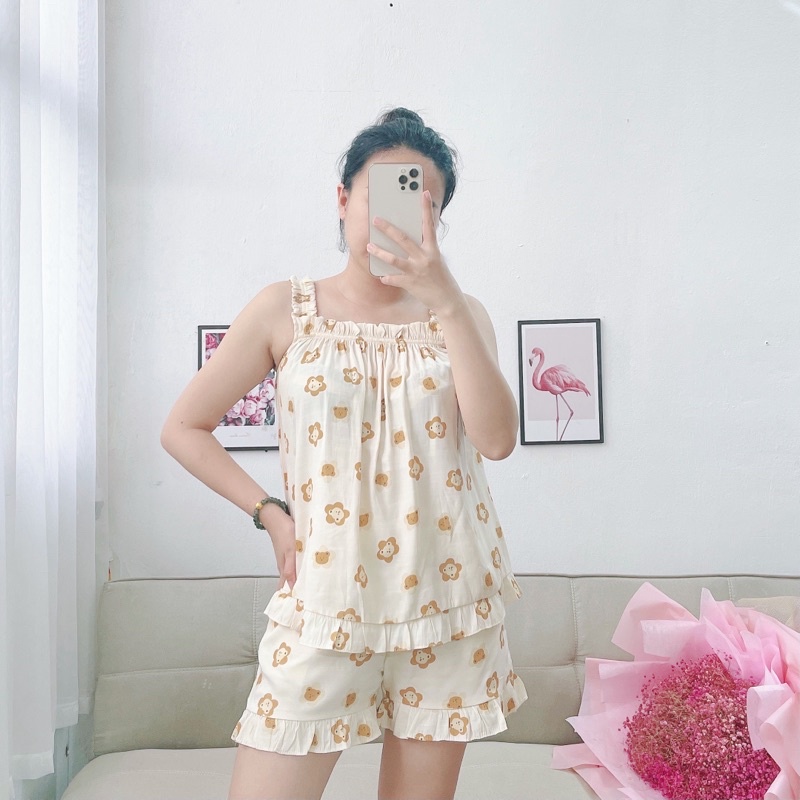 Bộ mặc nhà Pyjama hai dây chất đũi nhắn Hàn Tea Store chất vải mềm họa tiết dễ thương