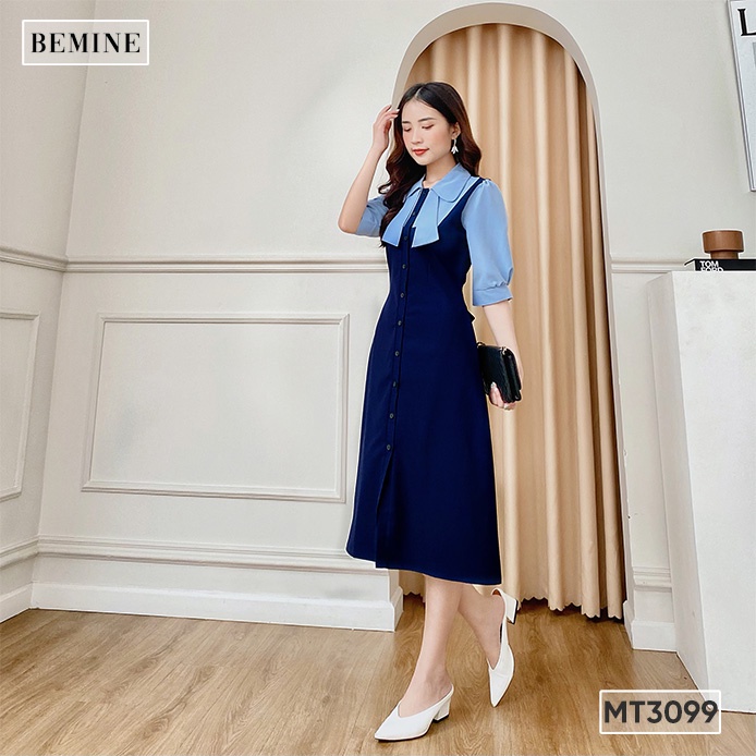 Đầm phối tay cổ sơ mi nơ BEMINE MT3099XANH ĐEN | BigBuy360 - bigbuy360.vn