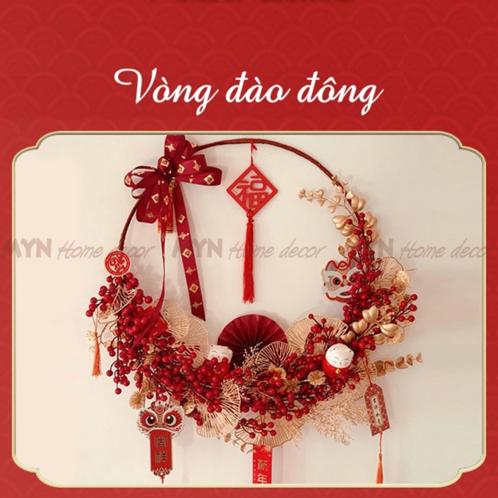 Vòng hoa đào đông đã kết sẵn treo tường, treo cửa Tết 2022 size 40cm MYN Home