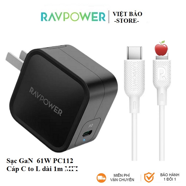 Combo Sạc Nhanh RAVPower Củ GaN 61w PC112 kèm Cáp Type-C to Light.ning CB054 có M.FI ( BH 12 tháng )