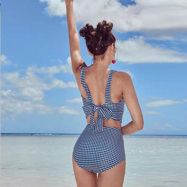Đồ bơi 2 mảnh cạp cao họa tiết kẻ caro xanh (kèm video ảnh thật và feeback) - Kimstore_bikini