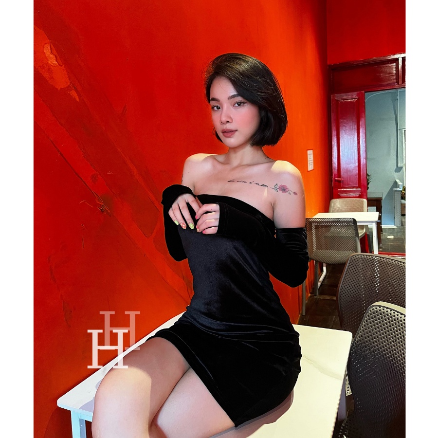 Đầm body ống màu đen hồng kèm găng tay phối rời HDT270 Hỉn Hỉn Store