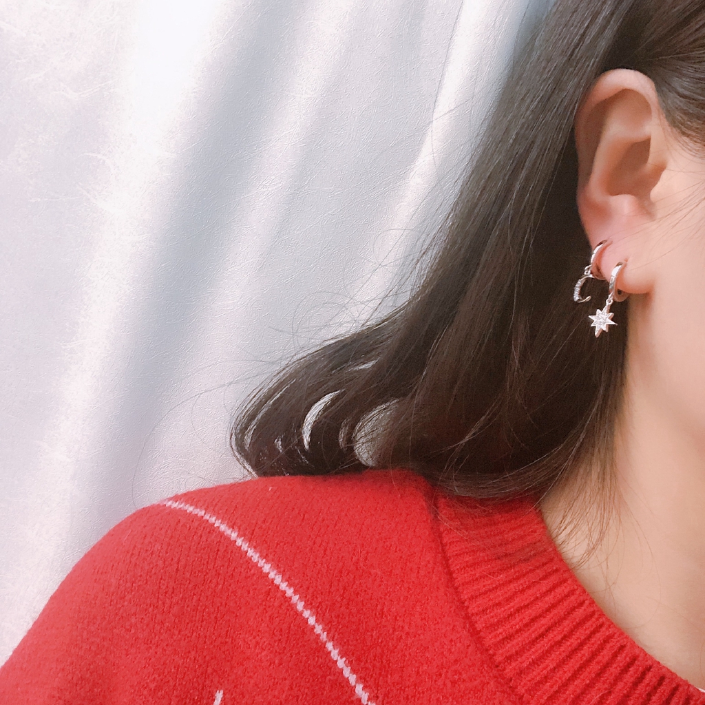 Women Fashion Geometric Asymmetrical Dangle Earring / Female Classic Star Moon Design Drop Earrings / Korean Ear Jewelry