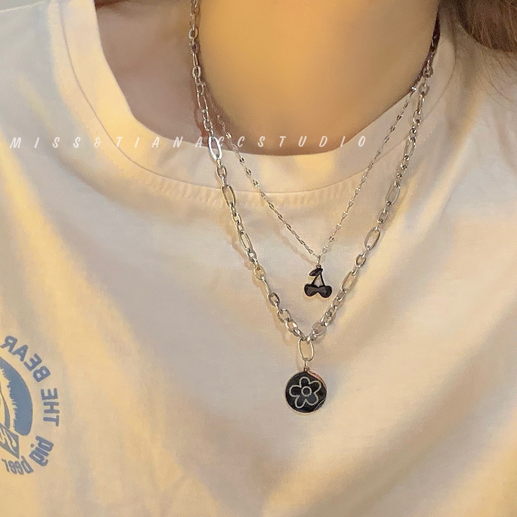 Vòng cổ hai lớp mặt hình hoa và quả anh đào phong cách punk dành cho nữ