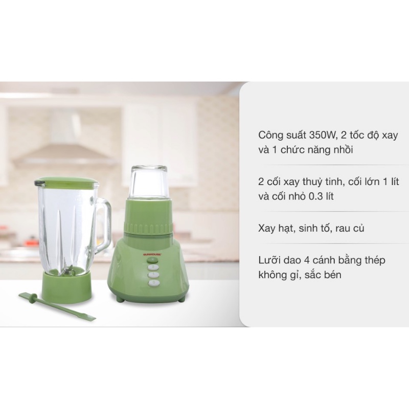 Máy xay sinh tố sunhouse Máy say đa năng công suất 350W , dung tích lớn 1l , 4 lưỡi inox 304 cao cấp-BH 12 Tháng