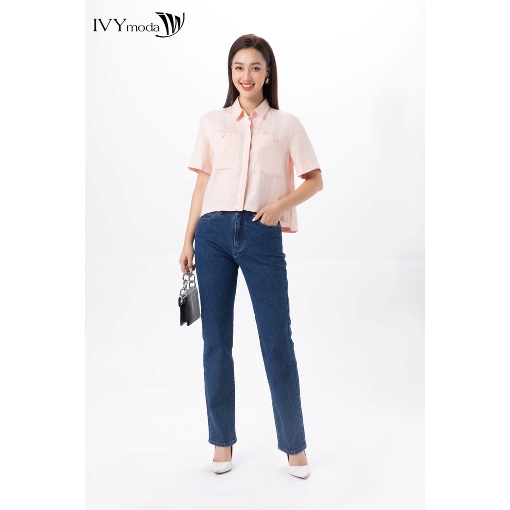 Áo sơ mi croptop phối túi trước nữ IVY moda MS 16B9263