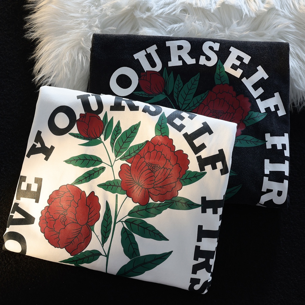 ZHELIHANGFEI Áo Hoodie Tay Dài Cổ Tròn Dáng Rộng In Hình Hoa Hồng Dễ Thương