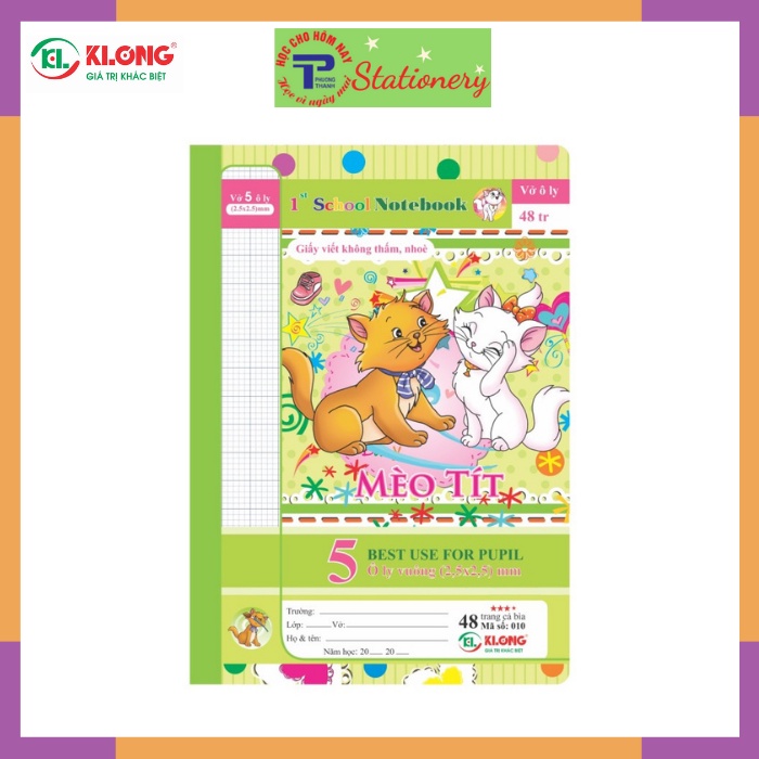 Vở 5 ô ly 48, 80 trang Klong định lượng 70g/m2 bìa hình chích bông, mèo tít, hổ nhi, sóc bi; MS: 010,030 giao ngẫu nhiên