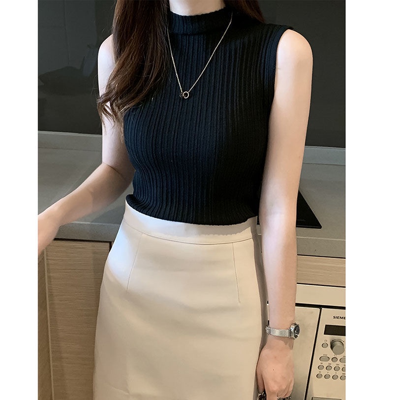 Áo Dệt Kim Sát Nách Cổ Lọ Dáng Ôm Quyến Rũ Cho Nữ