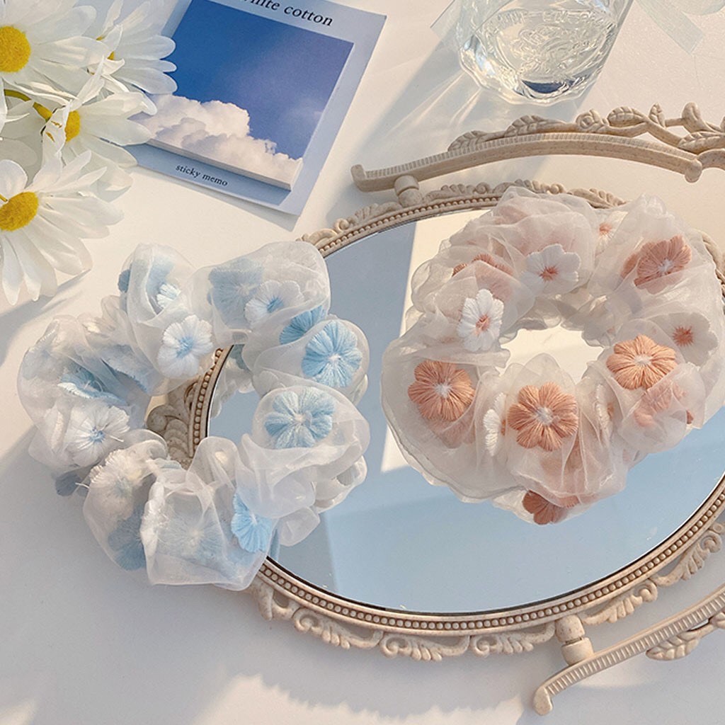 Dây cột tóc, buộc tóc Scrunchies vải thêu hình Hoa Mai