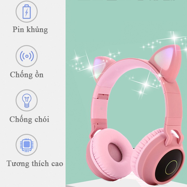 Headphone bluetooth tai mèo cao cấp, tai nghe bluetooth mèo đáng yêu chống ồn âm thanh trầm ấm