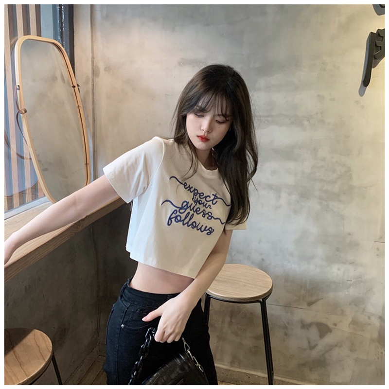 Áo Thun Croptop Ngắn Tay Cổ Tròn Thêu Chữ Phong Cách Hàn Quốc Thời Trang Cho Nữ
