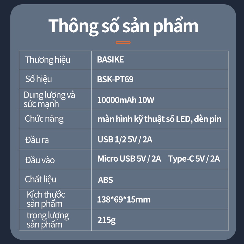 Sạc dự phòng 10000mAh BASIKE PT69P màn hình kỹ thuật số Đèn LED khẩn cấp kèm theo cáp sạc Với 1 năm bảo hành