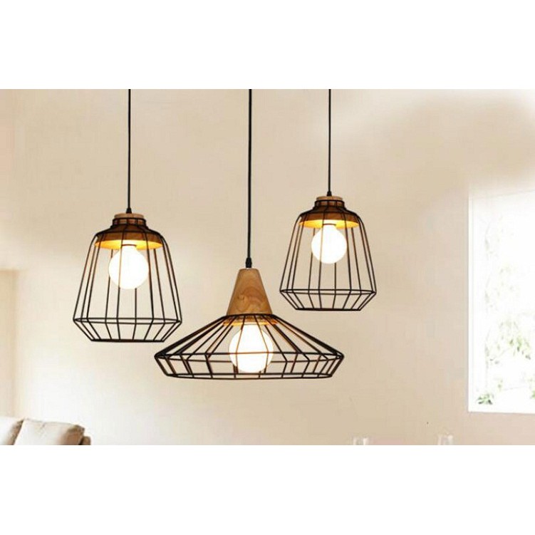 Bộ 3 Đèn thả lồng sắt đuôi gỗ dáng xòe hoa/ Hình trụ - Chưa bao gồm bóng - Bảo hành 12 tháng