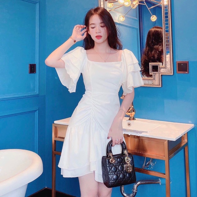 Đầm trắng cổ vuông tay loe 3 tầng. Đầm FULL LÓT - Sati Dress