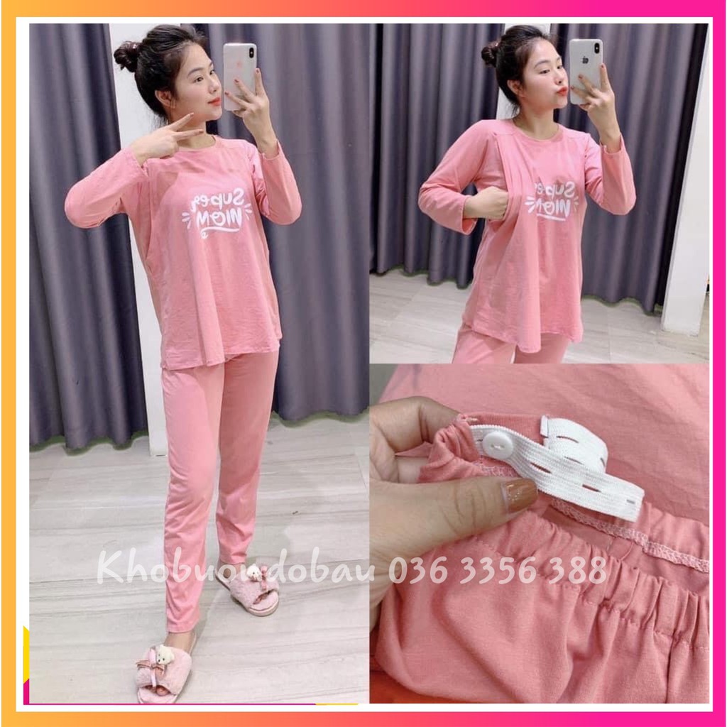 Đồ Bộ bầu và cho con bú sau sinh dài tay Super Mom, chất cotton Cao Cấp cho mẹ bầu mặc nhà BD902