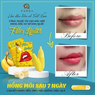 Son Filler Collagen Chuối Khử Thâm Parea cùng son màu Chu Lipstick, giúp môi căng mọng hồng hào