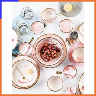 Set bát đĩa 32 món vân đá cẩm thạch, bộ bát đĩa trắng hồng viền vàng cao cấp, sang trọng . 2
