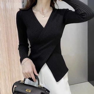 Áo len tăm cổ chữ V vạt chéo cá tính - len quảng châu cao cấp