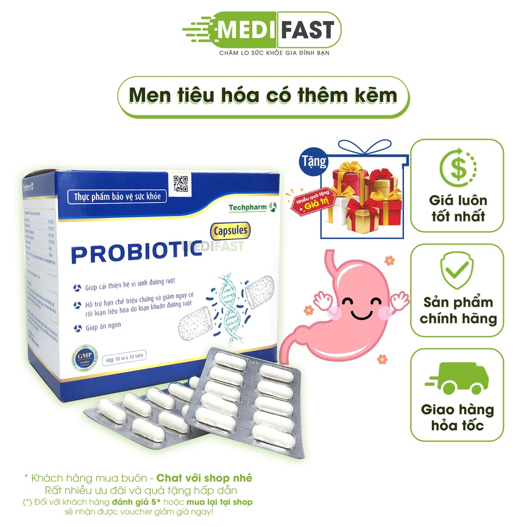 Men tiêu hóa bổ sung lợi khuẩn đường ruột Probiotics hộp 100 viên giảm táo bón, tiêu chảy kéo dài ở trẻ, chứa kẽm
