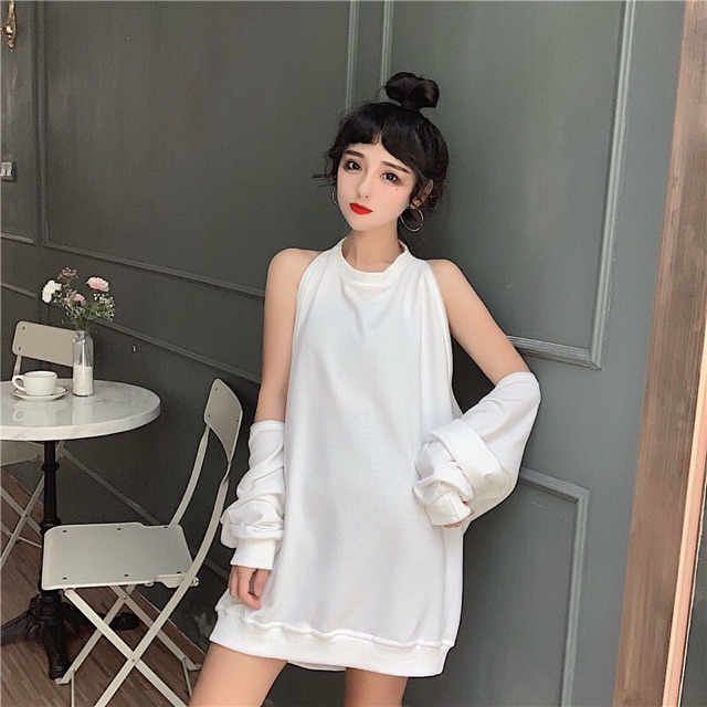 Áo phông dáng dài tay kéo khoá phong cách Harajuku thu đông