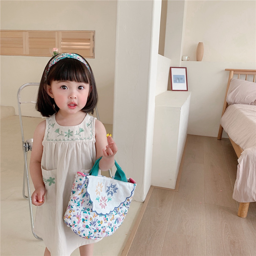 Đầm Sát Nách Màu Xanh Lá Chất Liệu Cotton Thêu Họa Tiết Cho Bé 80-120cm