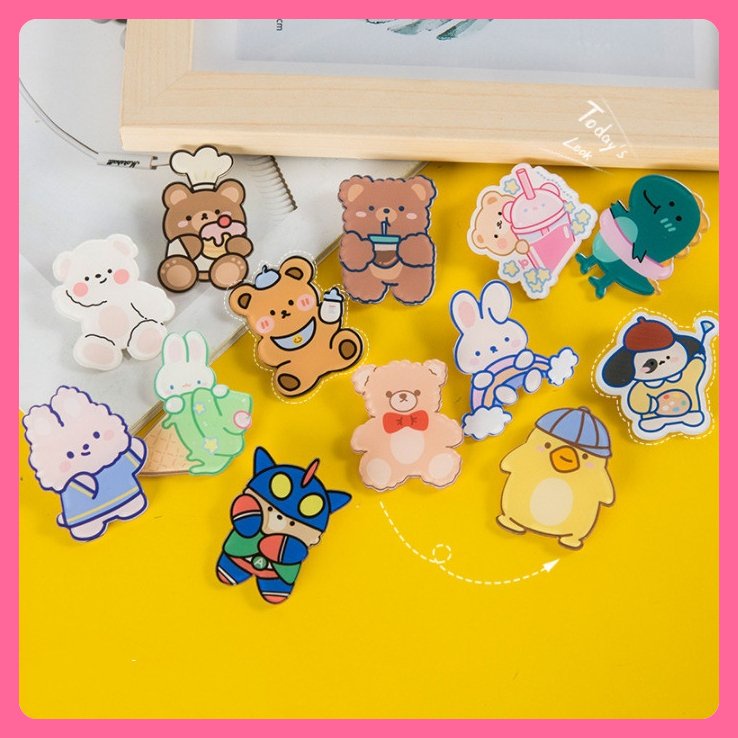 Sticker gắn balo ulzzang sinh viên, huy hiệu cài cặp học sinh, ghim cài phụ kiện túi mũ chibi con vật đồ ăn sắc màu cute