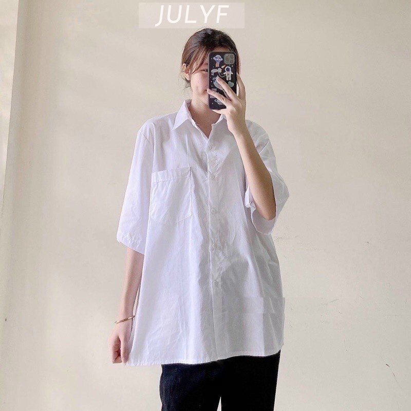 Áo sơ mi trắng nữ Hs tay lỡ form rộng JULYF - Thun kiểu cổ bẻ mặc đi học, dáng oversize thanh lịch hàn quốc ulzzang