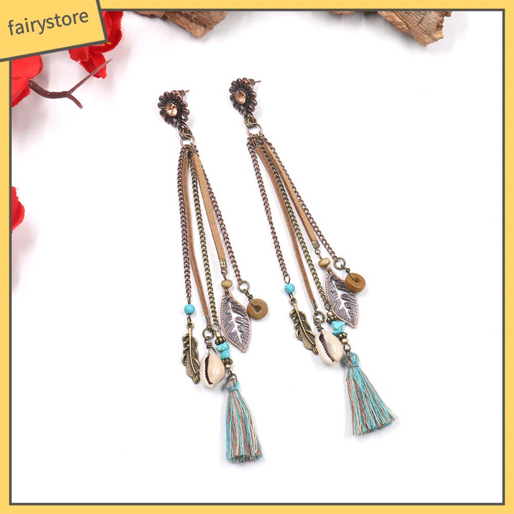 Khuyên Tai Dáng Dài Hình Hoa Hướng Dương Phối Tua Rua Phong Cách Boho