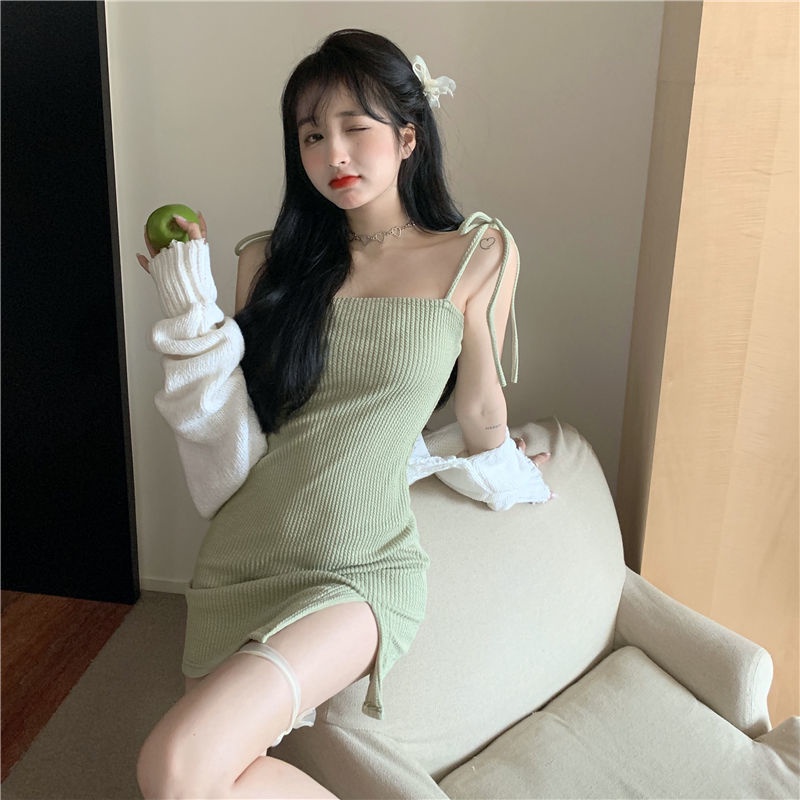 Đầm Ngắn Hai Dây Màu Xanh Lá Nhạt Thời Trang Mùa Hè Hàng Mới 2022 Dành Cho Bạn Nữ