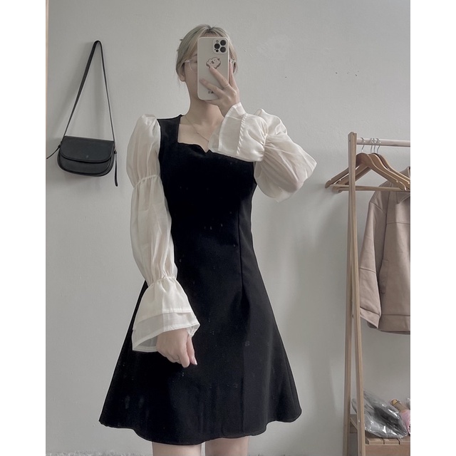 [ Có sẵn ] Váy liền phối tay voan cổ vuông cách điệu hàng chuẩn l1 | BigBuy360 - bigbuy360.vn