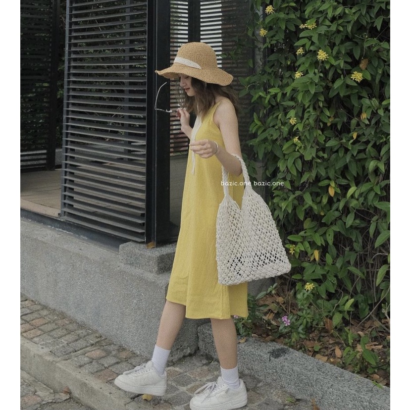 Váy 2 dây maxi chất đũi đi biển rút dây lưng điều chỉnh