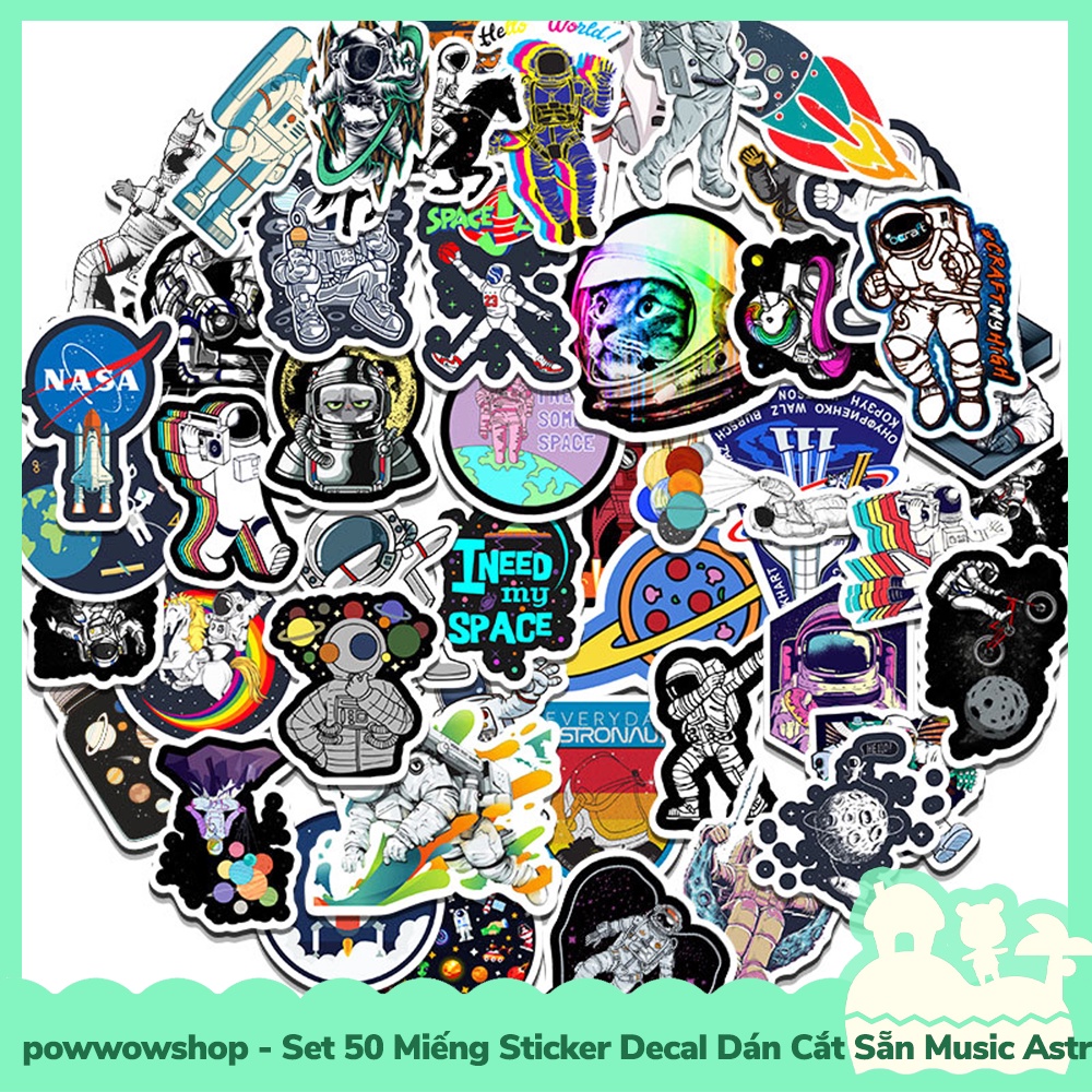 [Sẵn VN - Hỏa Tốc] Set 50 Miếng Sticker Decal Cắt Sẵn DIY Dán Trang Trí Vật Dụng Mẫu Music Astronaut Into Space