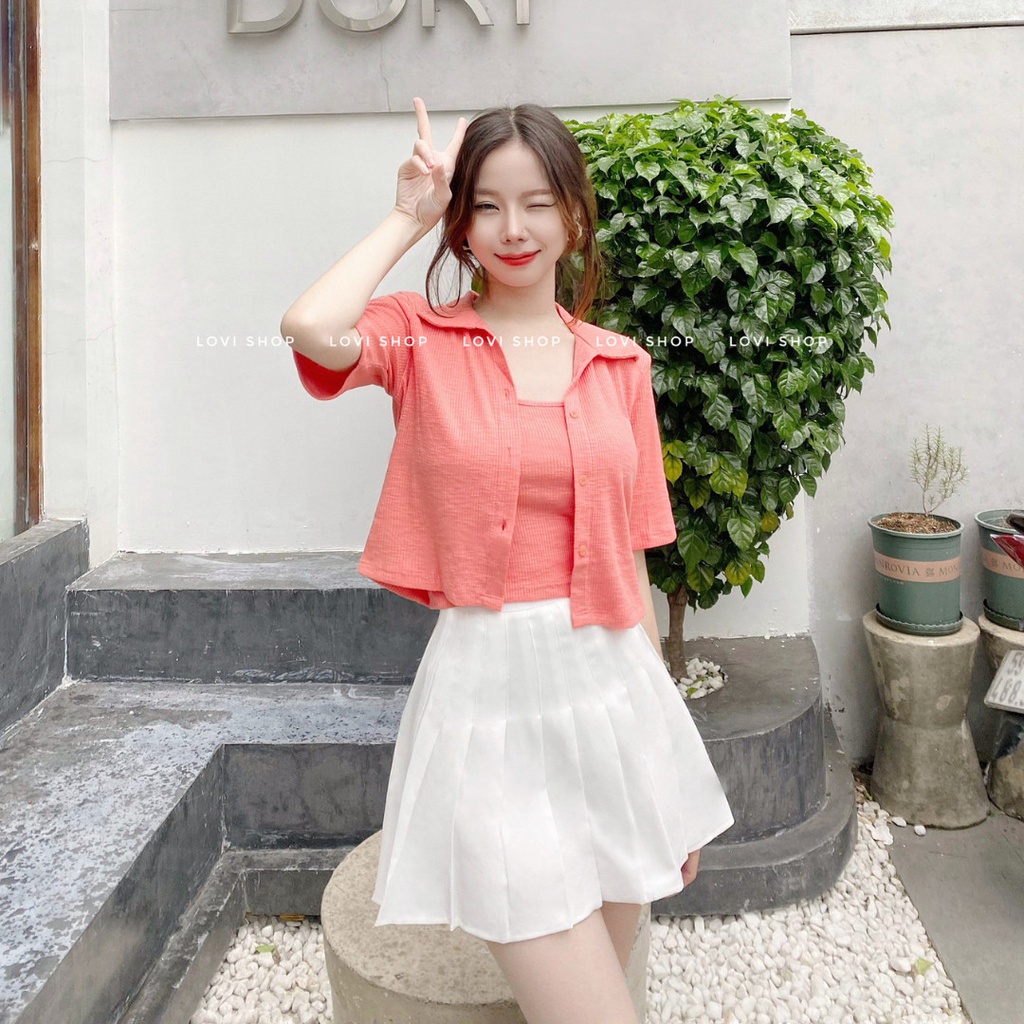 LOVI SHOP - Set áo croptop sơ mi+ áo hai dây basic thun tăm gân mềm LOVI