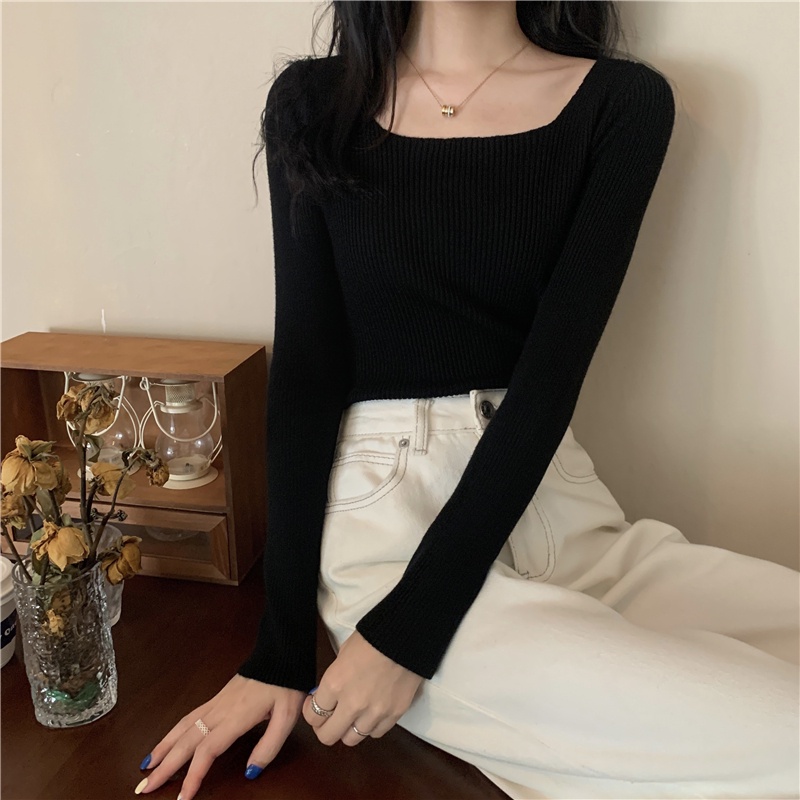 Áo sweater SUXI vải dệt kim vải mỏng cổ vuông màu sắc trơn kiểu vintage xinh xắn cho nữ