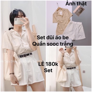 Set áo đũi be quần sooc trắng chun sau ko kèm đai