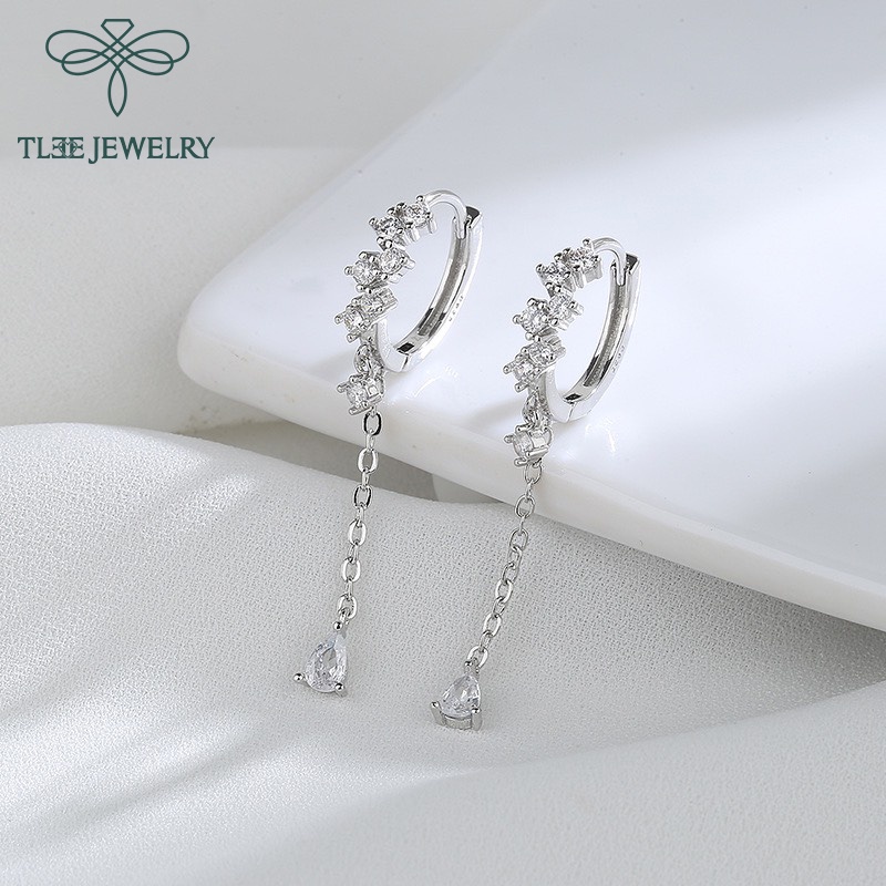 Khuyên tai bạc tròn nữ TLEE tua đá dài nữ tính sang trọng TleeJewelry B0159