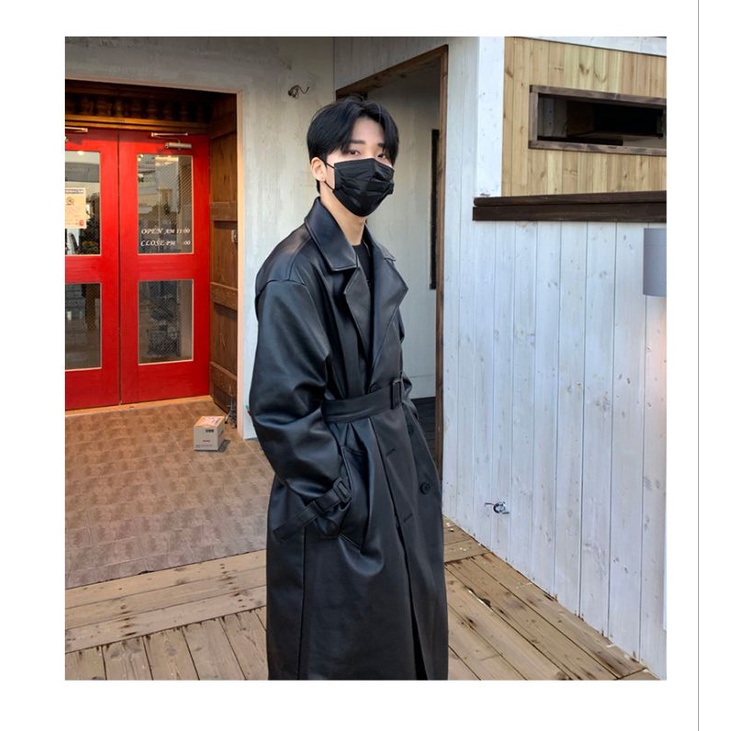 DAVIDME Áo khoác da dáng dài kèm thắt lưng phong cách Hàn Quốc cho nam