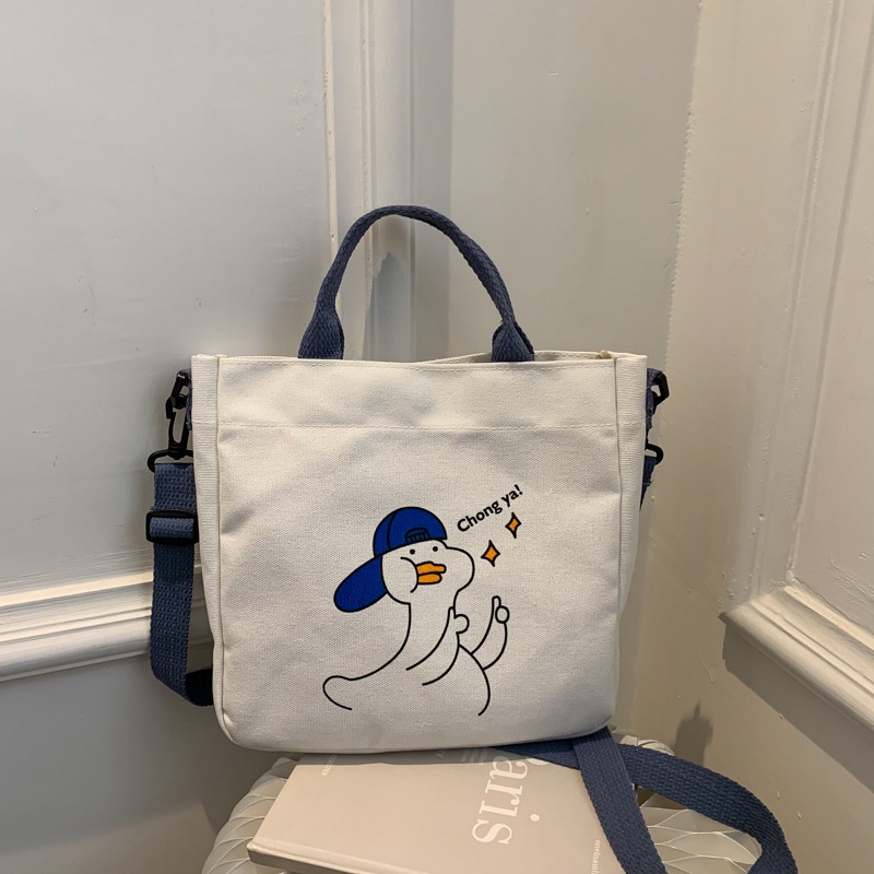 Túi Vải Đeo Chéo Canvas Nữ Có Quai Đeo Khóa Kéo Dáng Vuông Họa Tiết Hoạt Hình Công Sở Đi Học Làm Đựng Cơm