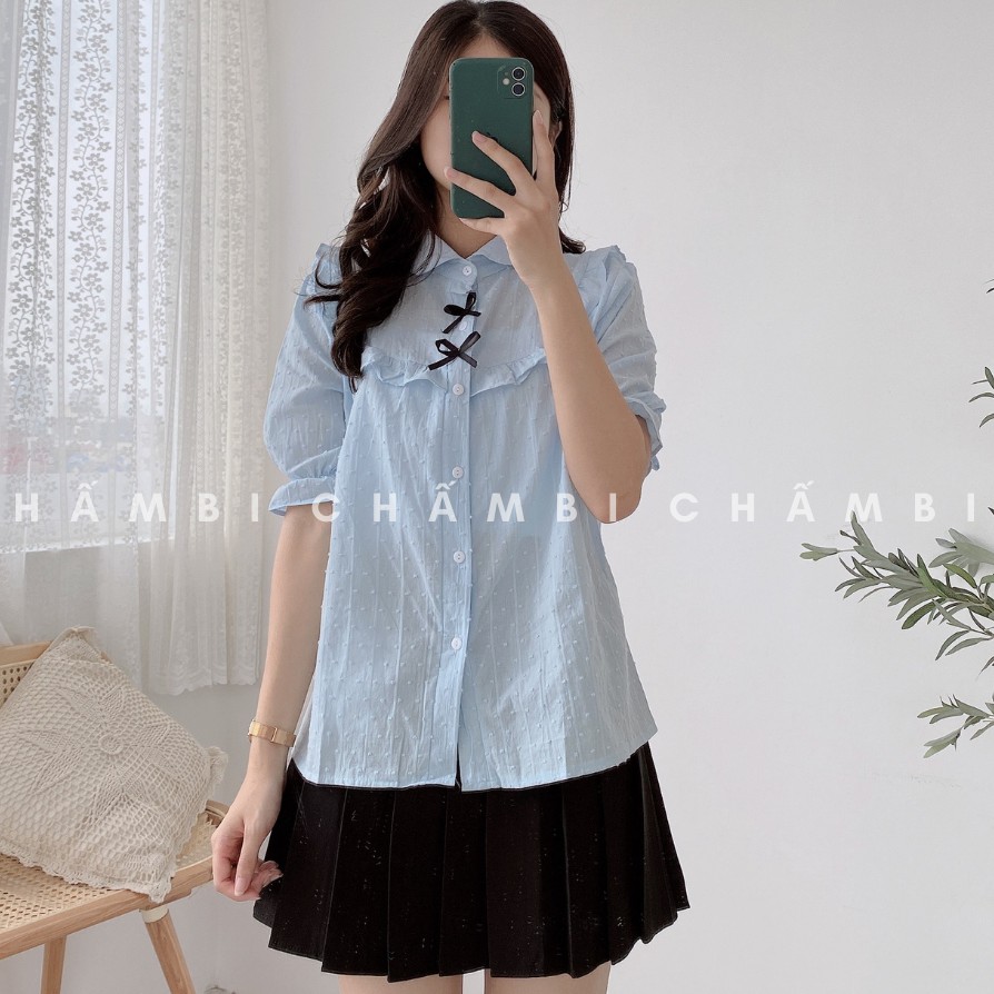 [SALE] Áo Sơ Mi Ngắn Tay Cổ Yếm Bèo Hai Nơ Nhỏ Cực Xinhhh Freesize&lt;53Kg - A.174