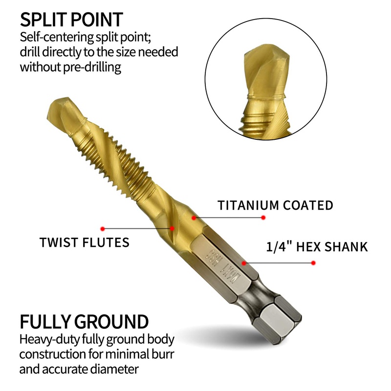 7Pcs 1/4Inch Hex Shank Titanium Combination Drill and Tap Set Metric Thread HSS M3-M10 Screw Tapping Bit Tool