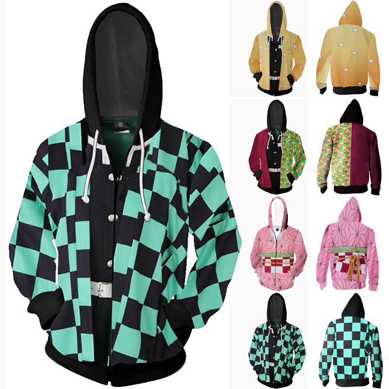 Áo khoác hoodie phối dây kéo phong cách Anime Demon Slayer Kimetsu no Yaiba Kamado Tanjirou Nezuko