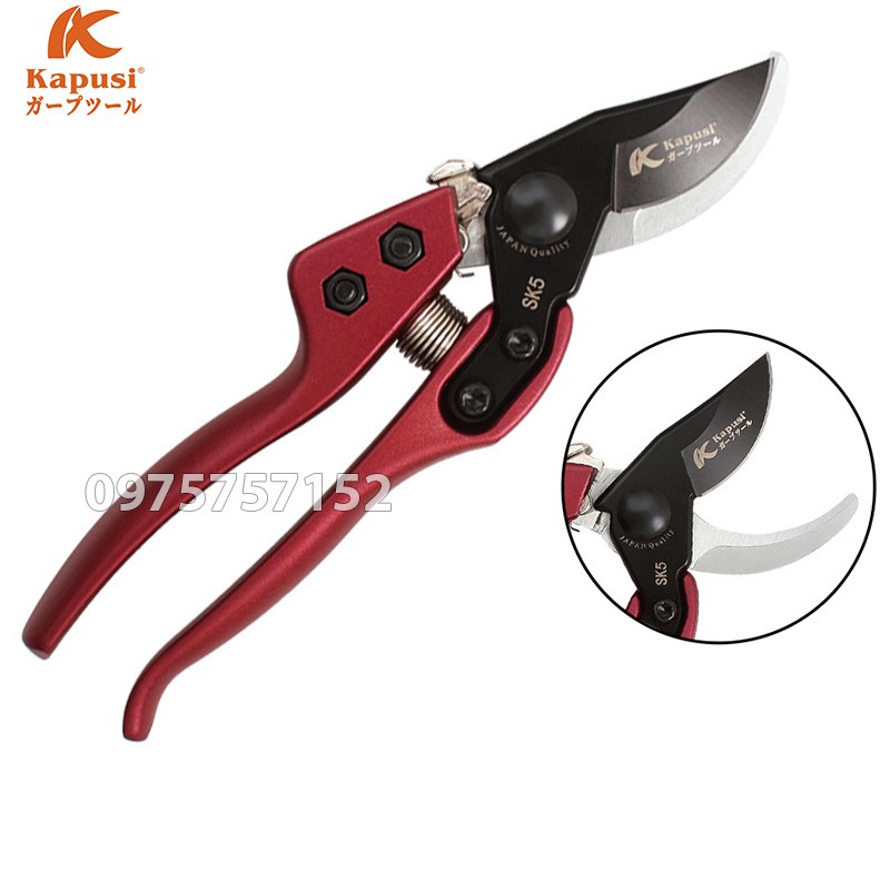 Kéo cắt cành trợ lực cán tím Nhật Kapusi JAPAN thép SK5 siêu sắc phủ Teflon chống dính tay cầm hợp kim nhôm đúc siêu bền
