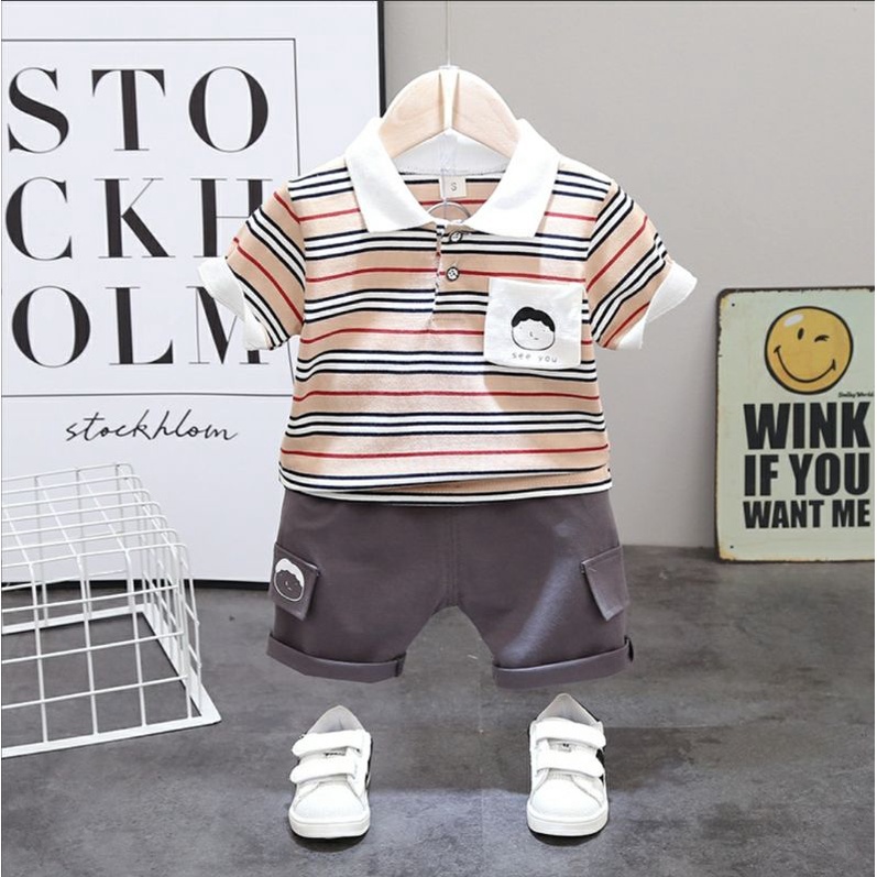 Set Đồ Bé Trai Phong Cách Hàn Quốc Sọc Ngan,Áo Có Cổ, Quần Ngố, Chất cotton