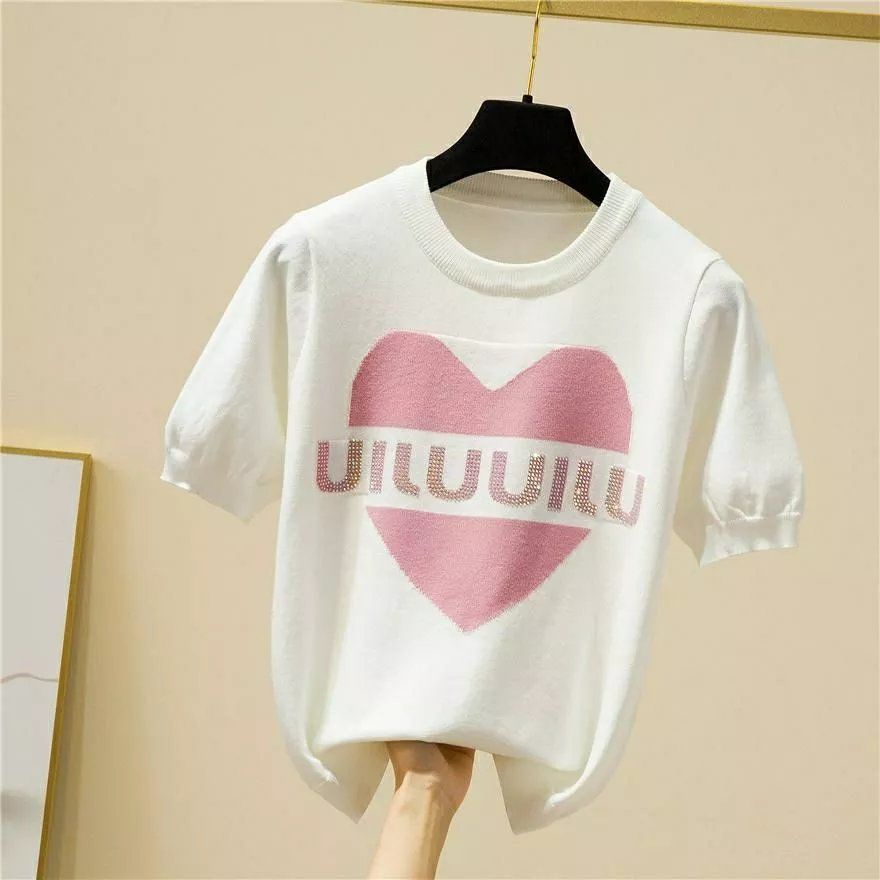 2022 summer new ice silk short sleeved hot diamond letter sweater loose T-shirt women's aging foreign style half sleeved top