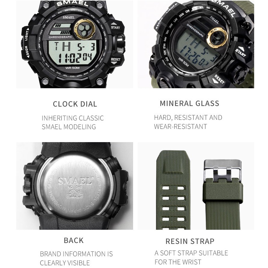 Đồng hồ nam SMAEL Đồng hồ thể thao đếm ngược Đồng hồ quân đội Báo thức Chrono Đồng hồ đeo tay kỹ thuật số 50M Đồng hồ chống nước 1545D