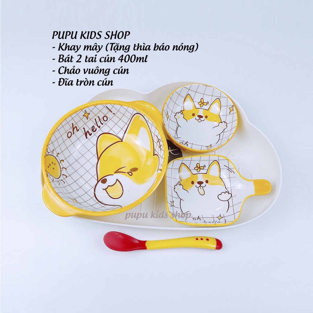 Combo Ăn Dặm, Set Bát Sứ Ăn Dặm Cho Bé Họa Tiết Ngộ Nghĩnh Kèm Khay Mây PUPUKIDS