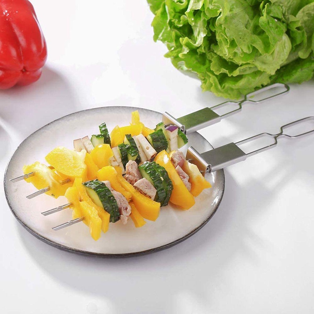 Xiên Nướng Bbq Bằng Thép Không Gỉ Chống Bỏng Kèm Thanh Trượt Tiện Dụng