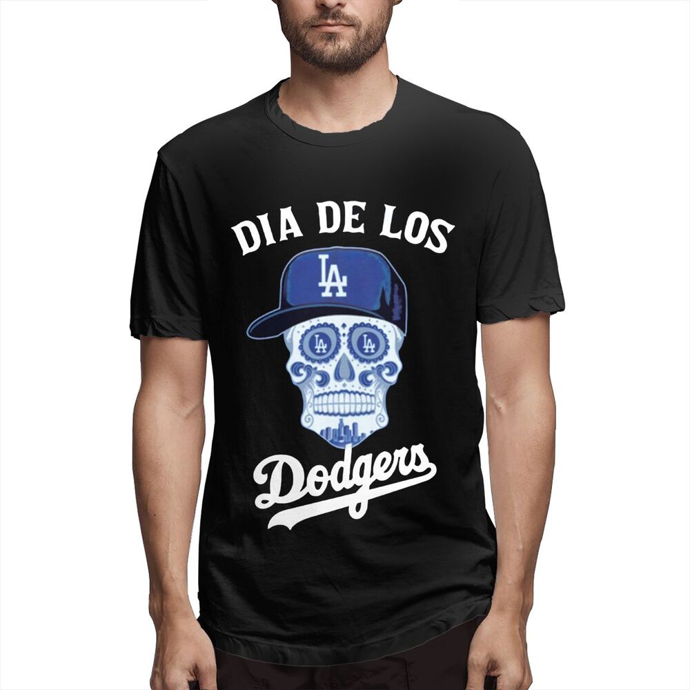 YAYALI 2020 New Dia De Los Dodgers La Skull Blue Usa Men's round neck T-shirt, breathable, suitable for jogging pants, fitness training pants, black